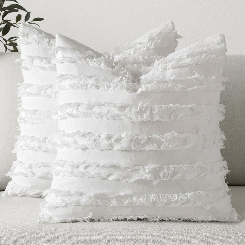 MIULEE Set of 2 Decorative Boho Throw Pillow Covers Spring Linen Striped Jacquard Pattern Cushion Covers for Sofa Couch Living Room Bedroom 16x16 Inch White - Image 1